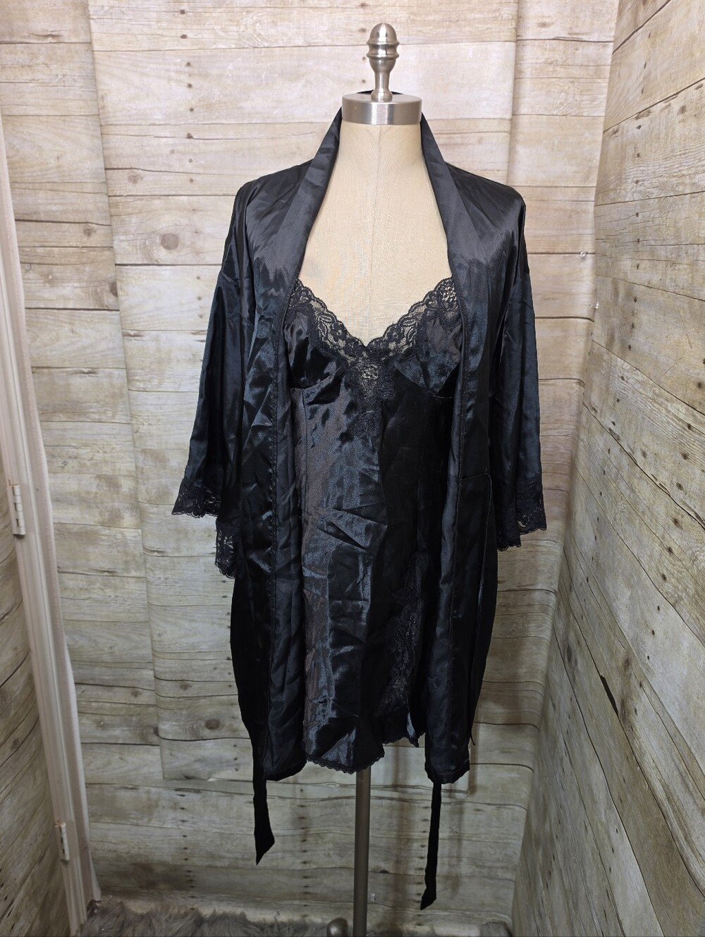 Frederick's of Hollywood Black Satin Lace Robe & Slip Set